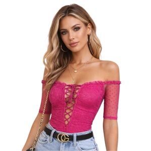 Majorelle Selina Pink Bodysuit Off Shoulder Dot Lace Up Medium NWOT 💕